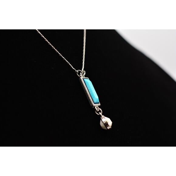 Cabochon Pendant Necklace Silver Tone Chain Faux Turquoise Inlay Dangle Bin7A - Picture 5 of 12